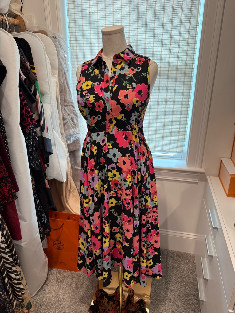 Kate Spade Black Sleeveless Floral Midi Dress - Pink, Yellow & Gray Size 6